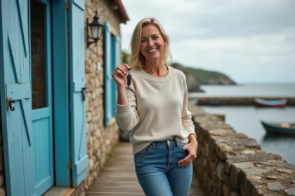 Femme souriante tenant des clés devant une maison de bord de mer