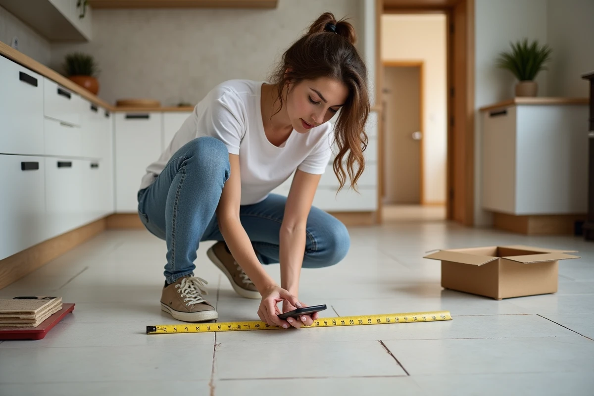 Jeune femme vérifie des mesures sur un sol carrelé