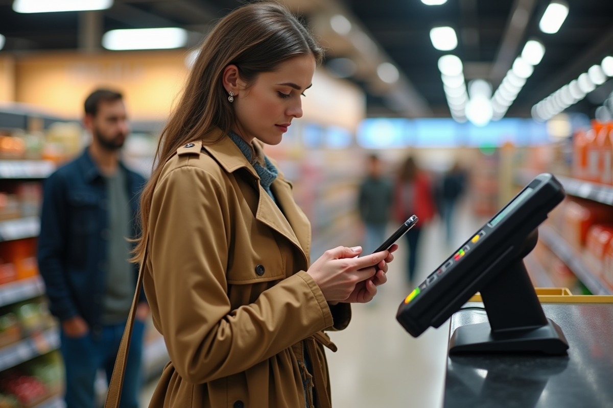Jeune femme consulte un message d alerte sur un terminal de paiement