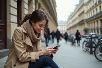 Jeune femme à Paris en trench et écharpe regardant son téléphone
