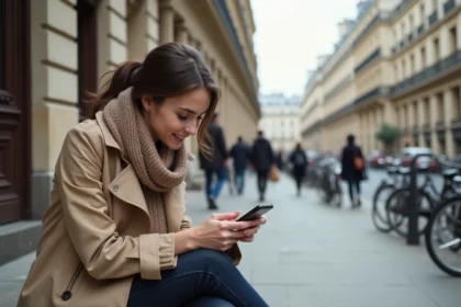 Jeune femme à Paris en trench et écharpe regardant son téléphone