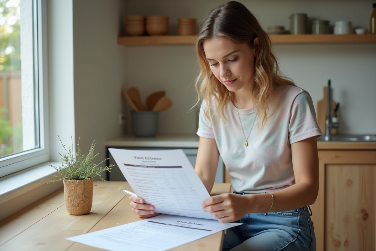 Jeune femme vérifiant un devis peinture dans la cuisine