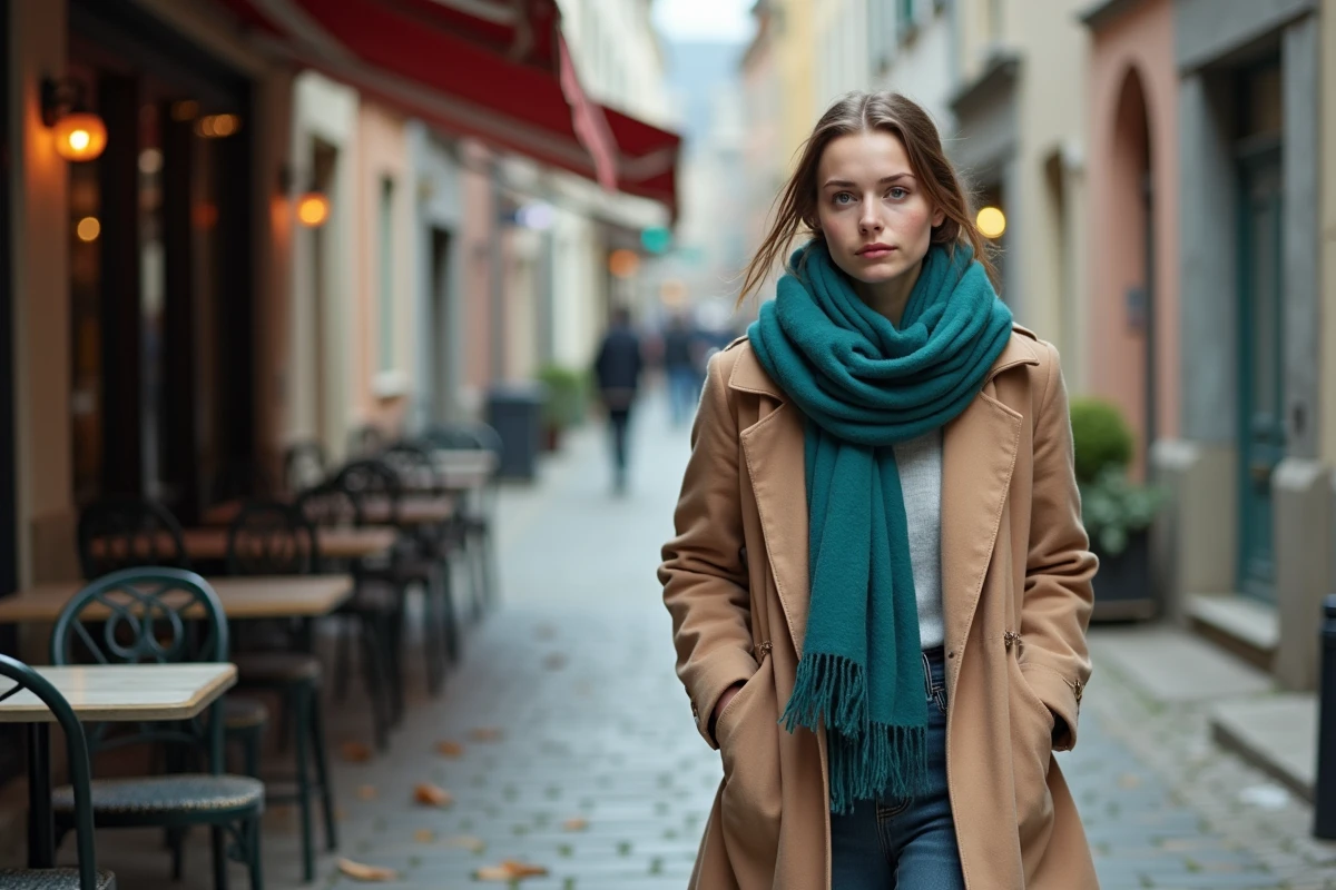 Jeune femme avec écharpe dans une rue piétonne