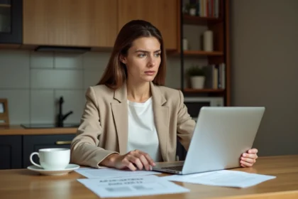 Femme seule consultant des documents de location d'appartement sans fiche de paie sur un ordinateur portable à la maison