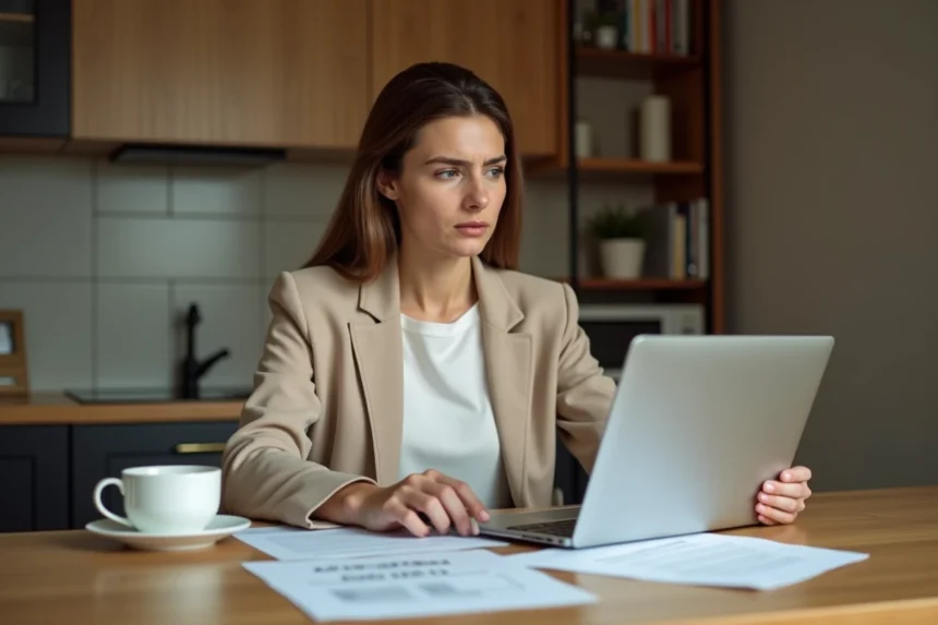 Femme seule consultant des documents de location d'appartement sans fiche de paie sur un ordinateur portable à la maison