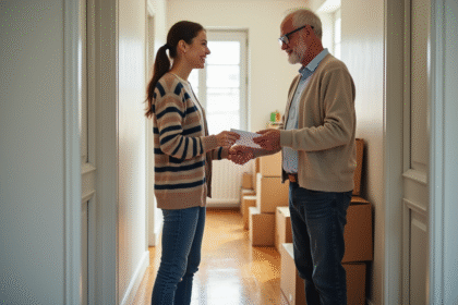 Jeune femme remettant un contrat au propriétaire dans l'entrée