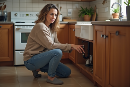 Femme examinant un tuyau d'évacuation dans la cuisine