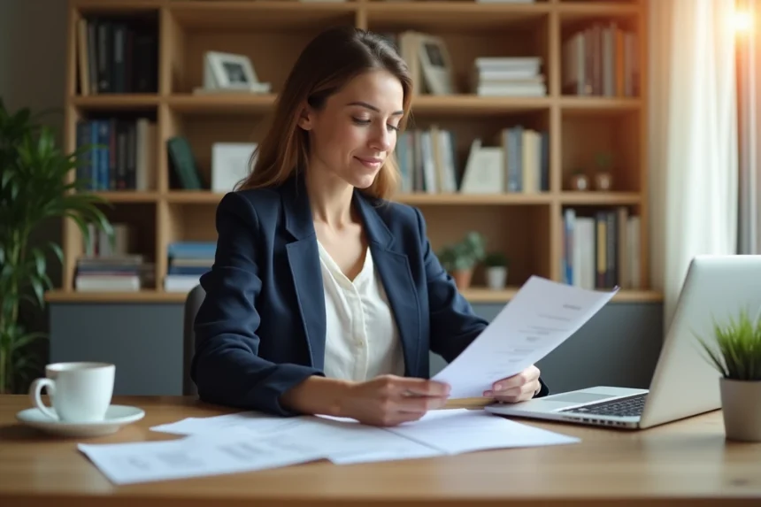 Femme seule consultant des documents de prêt immobilier sur un bureau en bois dans un bureau à domicile moderne