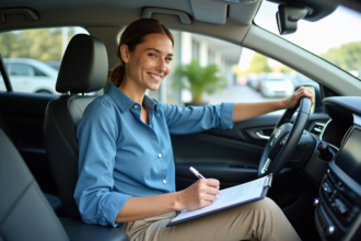 Jeune femme souriante signe un contrat de location de voiture