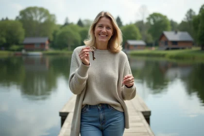 Femme souriante tenant des clés près du lac