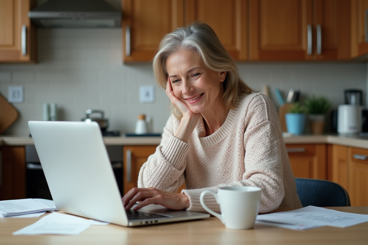 Femme souriante consulte son ordinateur sur la cuisine