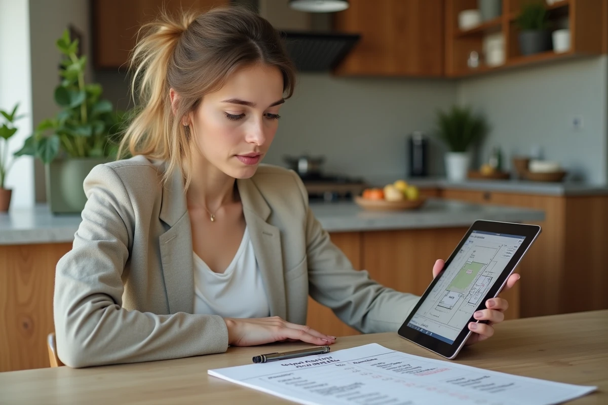 Femme analysant un plan de propriété sur une tablette