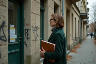 Femme en manteau vert observant un appartement abandonné
