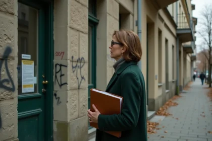 Femme en manteau vert observant un appartement abandonné