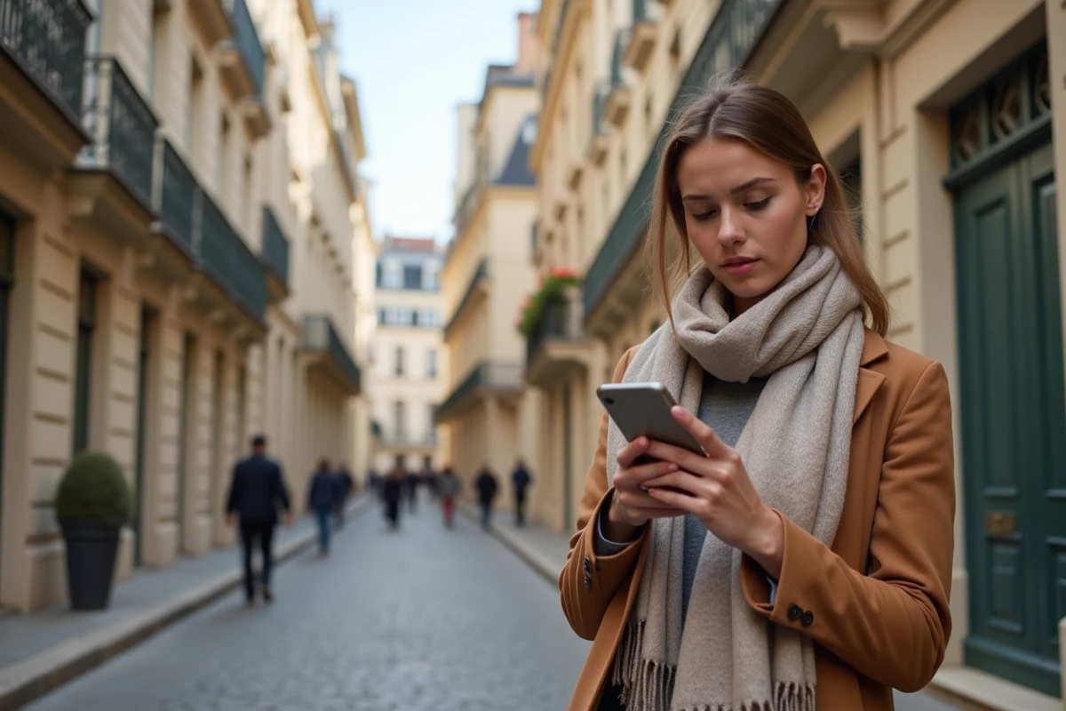Jeune femme lisant des annonces de location dans une rue de Versailles