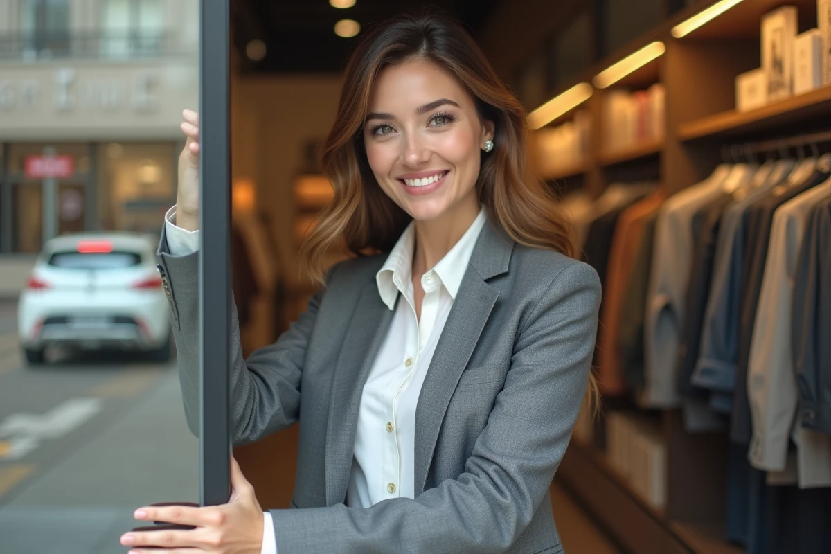 Femme souriante arrangeant des produits en magasin