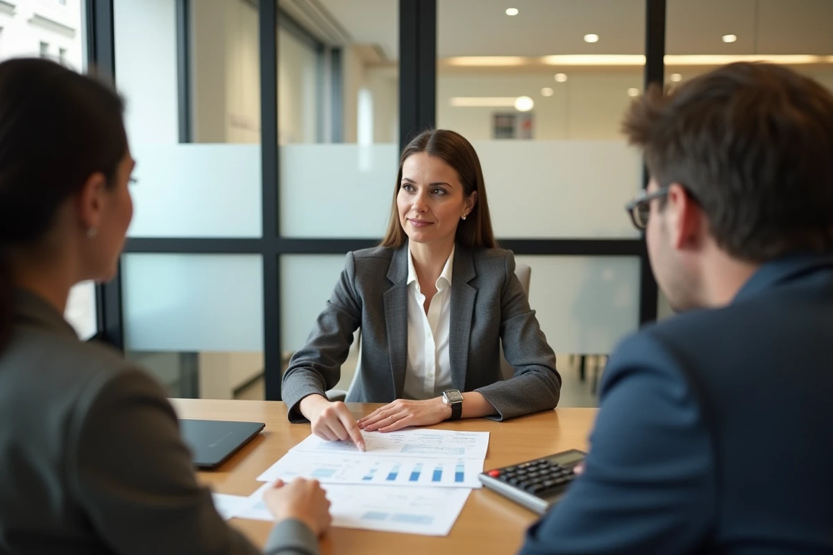 Conseillère bancaire expliquant un plan de financement immobilier à un couple en agence