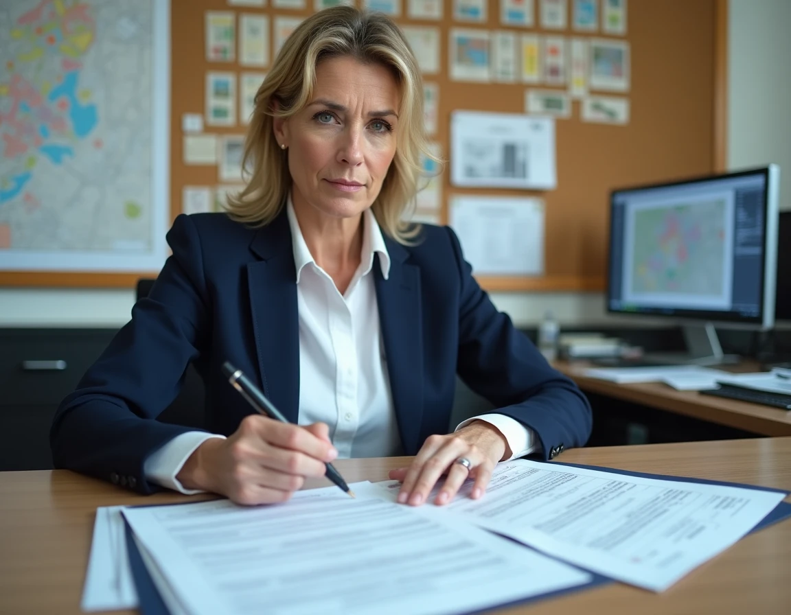 Fonctionnaire municipale étudiant un dossier de certificat d'urbanisme dans un bureau administratif