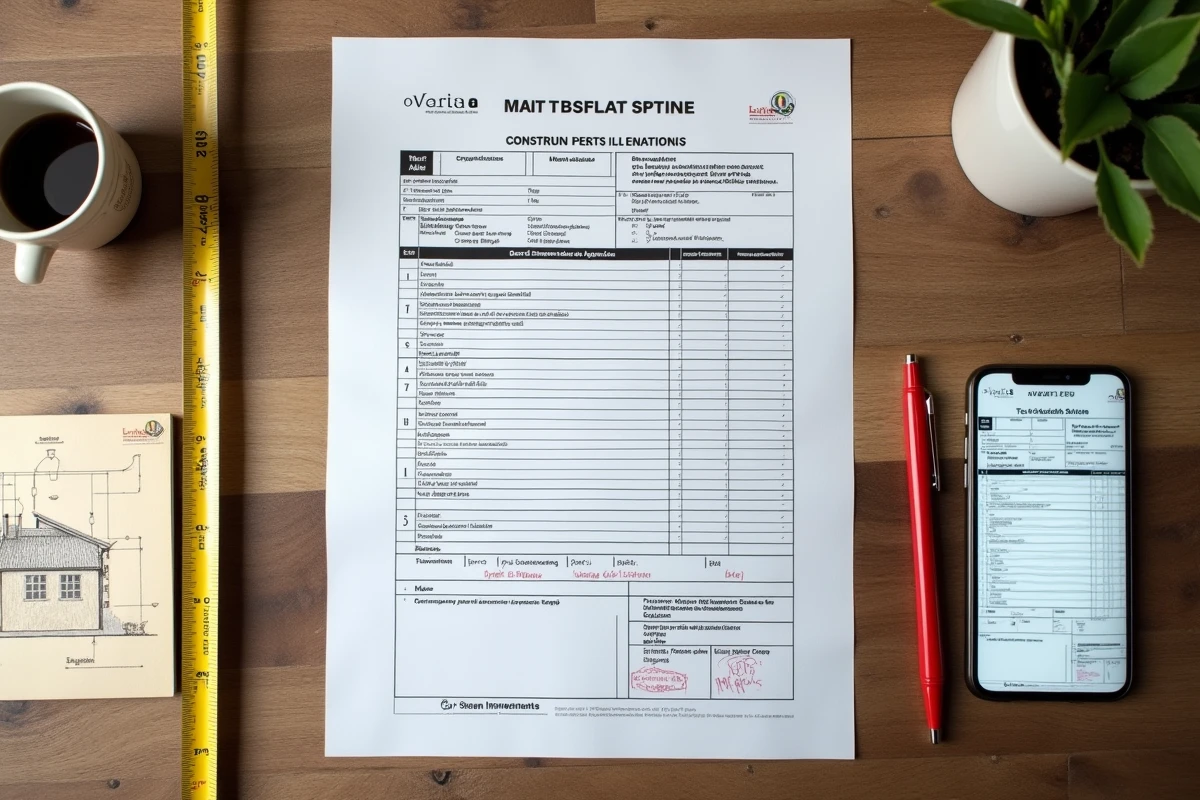 Vue aérienne d'un formulaire de déclaration préalable de travaux entouré de plans et d'outils de mesure sur un bureau en bois