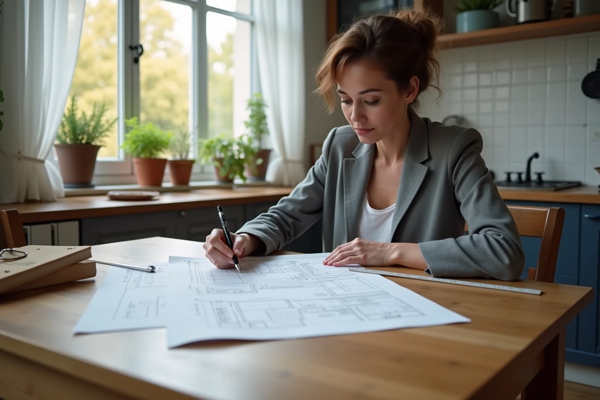 Femme remplissant un formulaire de déclaration préalable de travaux pour une piscine ou un abri de jardin à une table de cuisine
