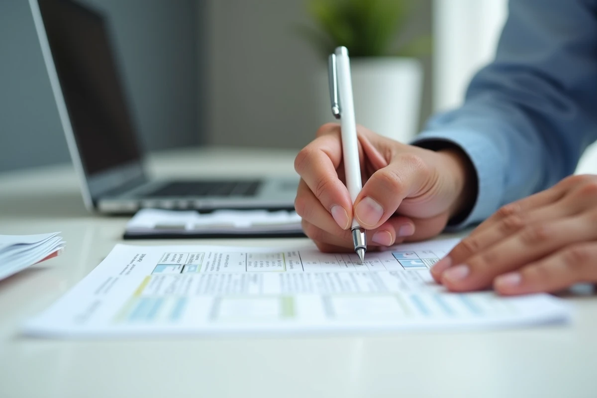 Gros plan sur des mains remplissant un formulaire d'inscription officiel pour une activité LMNP avec enregistrement au RCS