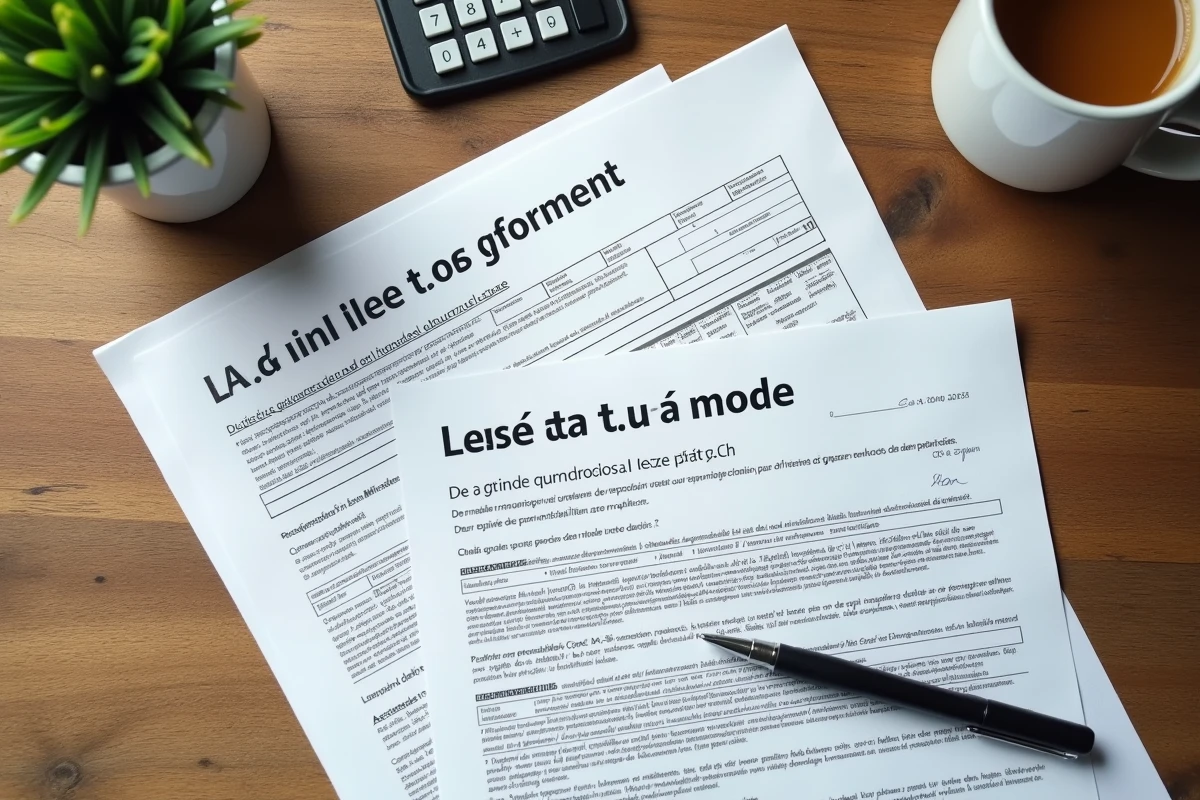 Vue aérienne d'une table avec formulaires fiscaux français, contrat de terrain pour caravane, calculatrice et stylo pour déclarer la taxe de séjour
