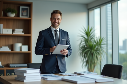 Gestionnaire immobilier professionnel avec tablette dans un bureau moderne