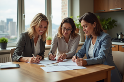 Trois personnes autour d'une table en appartement lumineux