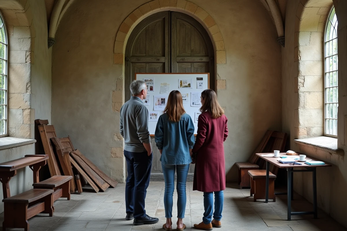 Groupe de personnes discutant d'un projet culturel dans la chapelle abandonnée d'un château français à réhabiliter