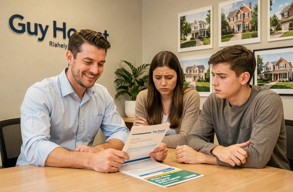 Conseiller Guy Hoquet accompagnant un jeune couple primo-accédant dans l'étude de leur dossier de financement immobilier