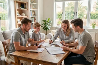 Héritiers réunis autour de documents de propriété sur une table