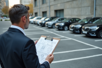 Homme d'affaires étudie un plan de parking urbain moderne