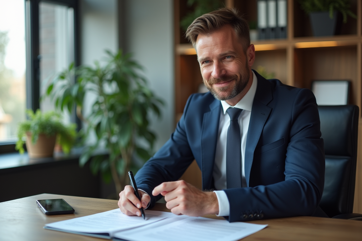 Homme d'affaires en costume bleu dans un bureau moderne
