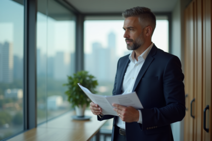 Homme d'affaires en blazer bleu avec documents et tablette