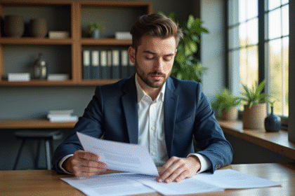 Jeune homme en costume bleu examine des documents immobiliers