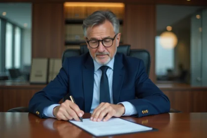 Homme d'affaires en costume bleu examinant un document signé