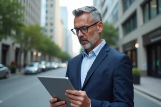 Homme d'affaires confiant dans la ville moderne