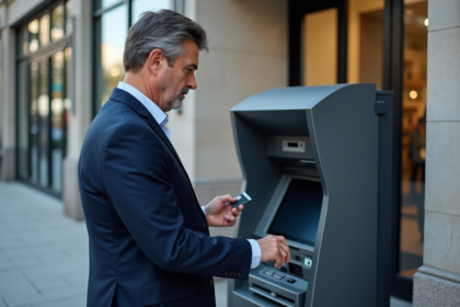 Homme d age moyen insere sa carte bancaire devant un distributeur