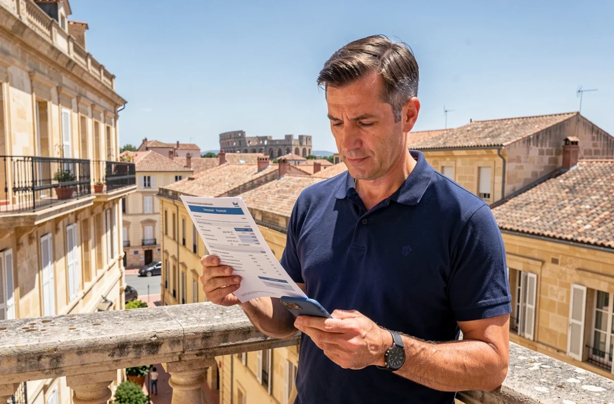 Homme consultant des offres d'assurance habitation depuis son balcon à Nîmes avec vue sur les toits