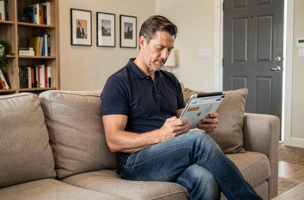 Homme consultant des offres d'assurance habitation sur une tablette dans son salon