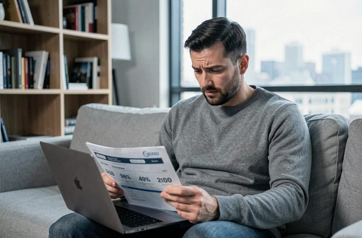 Homme comparant des devis d'assurance habitation sur un ordinateur portable dans un salon moderne avec des étagères en bois