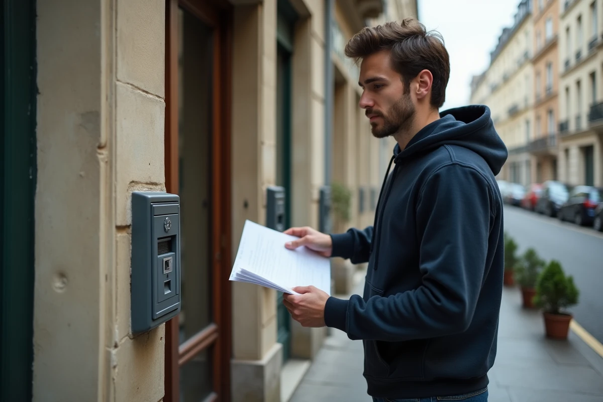 Jeune homme tenant un contrat de bail devant l'entrée d'un immeuble lors d'une recherche de location sans garant