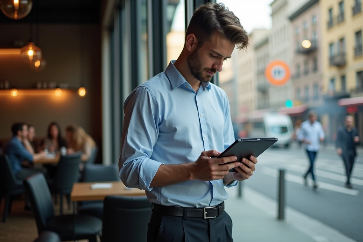 Jeune homme prenant des notes avec une tablette dans un café urbain