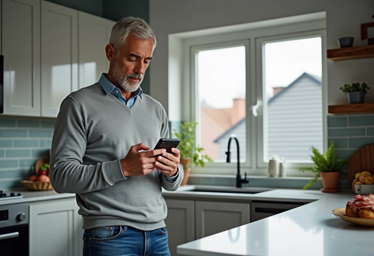 Homme utilisant son smartphone dans la cuisine moderne
