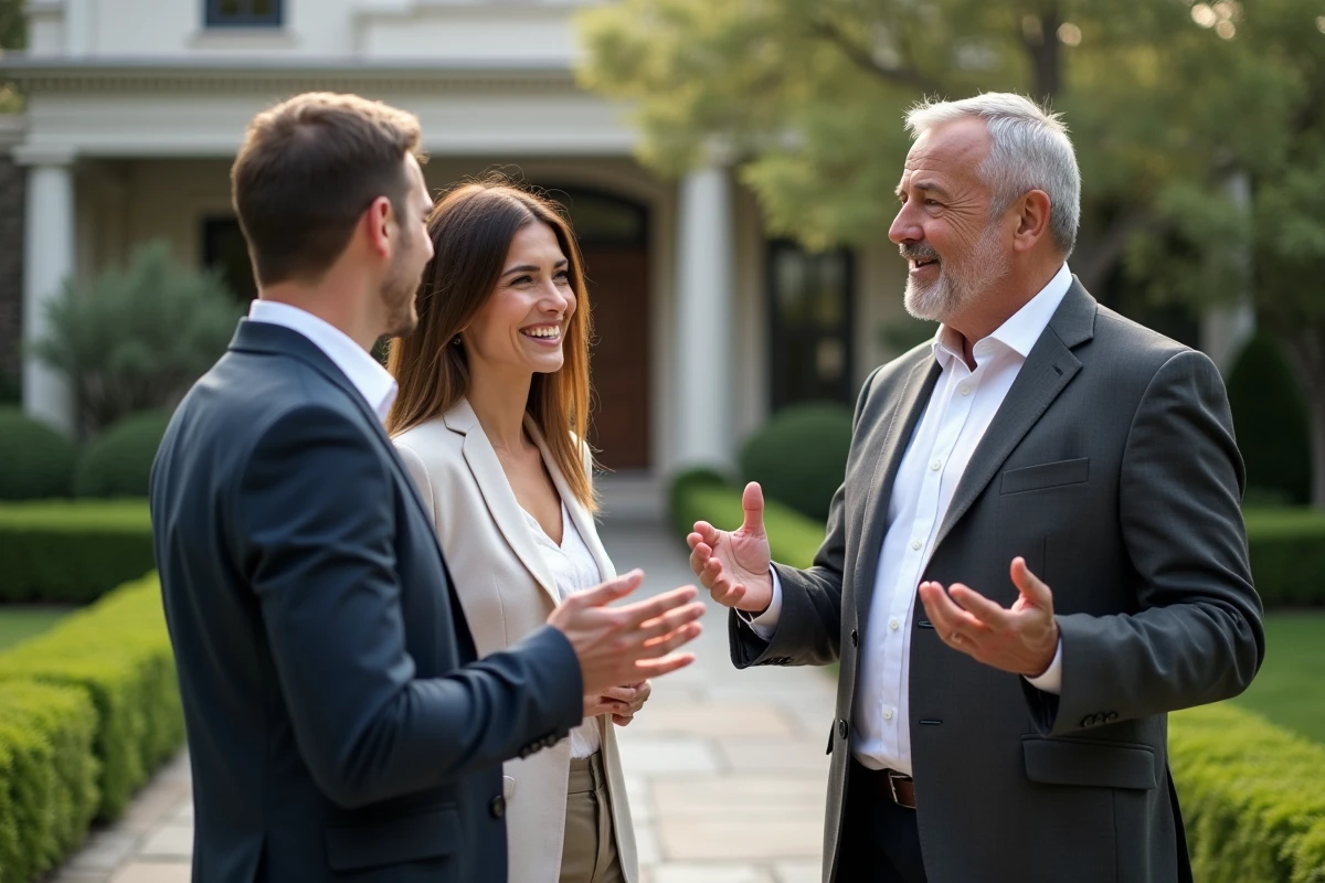 Homme en blazer discutant avec couple devant maison luxueuse