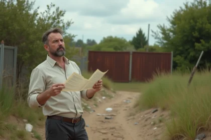 Homme consultant un document cadastral devant un terrain abandonné envahi par la végétation