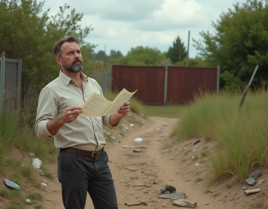 Homme consultant un document cadastral devant un terrain abandonné envahi par la végétation