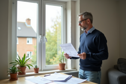 Homme d'âge moyen examine une fenêtre neuve dans un salon lumineux