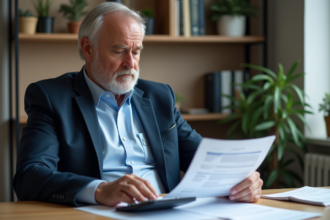 Homme d'affaires examinant des documents fiscaux dans un bureau