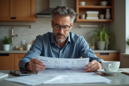 Homme d'âge moyen examinant des factures de rénovation